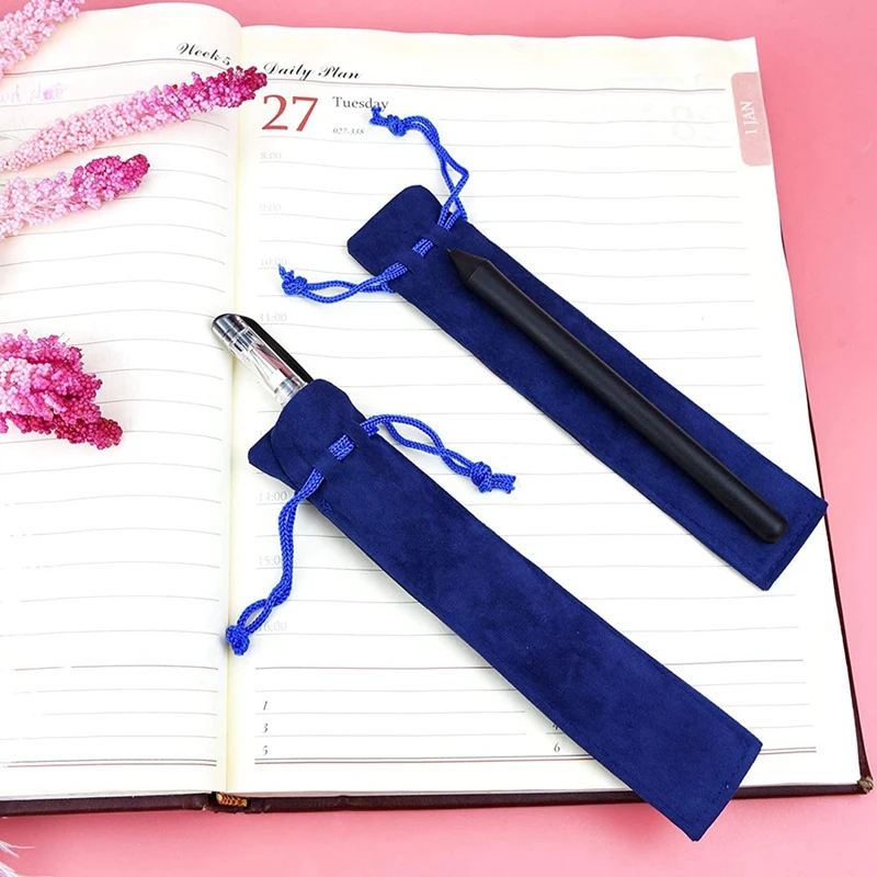 100Pcs Velvet Pen Pouch Blue Drawstring Pen Bag Single Pen Sleeve Holder Pencil Bag For School Office Business Gift