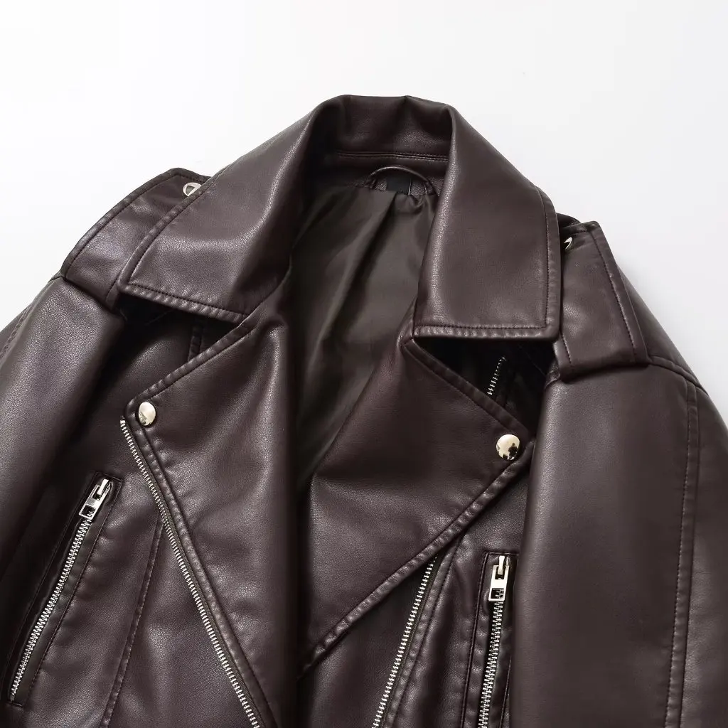 Chaqueta holgada de piel sintética con solapa corta para mujer, abrigo a la moda para primavera y otoño, sentimientos de gama alta, motocicleta de estilo americano