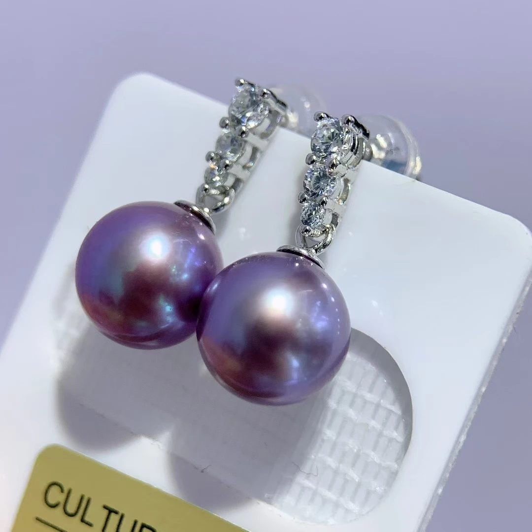 

Certificate 925 Silver Natural Purple Pearl Earring Freshwater Strong Luster 8-9mm Violet Pearl Drop Dangle Stud Earring Jewelry