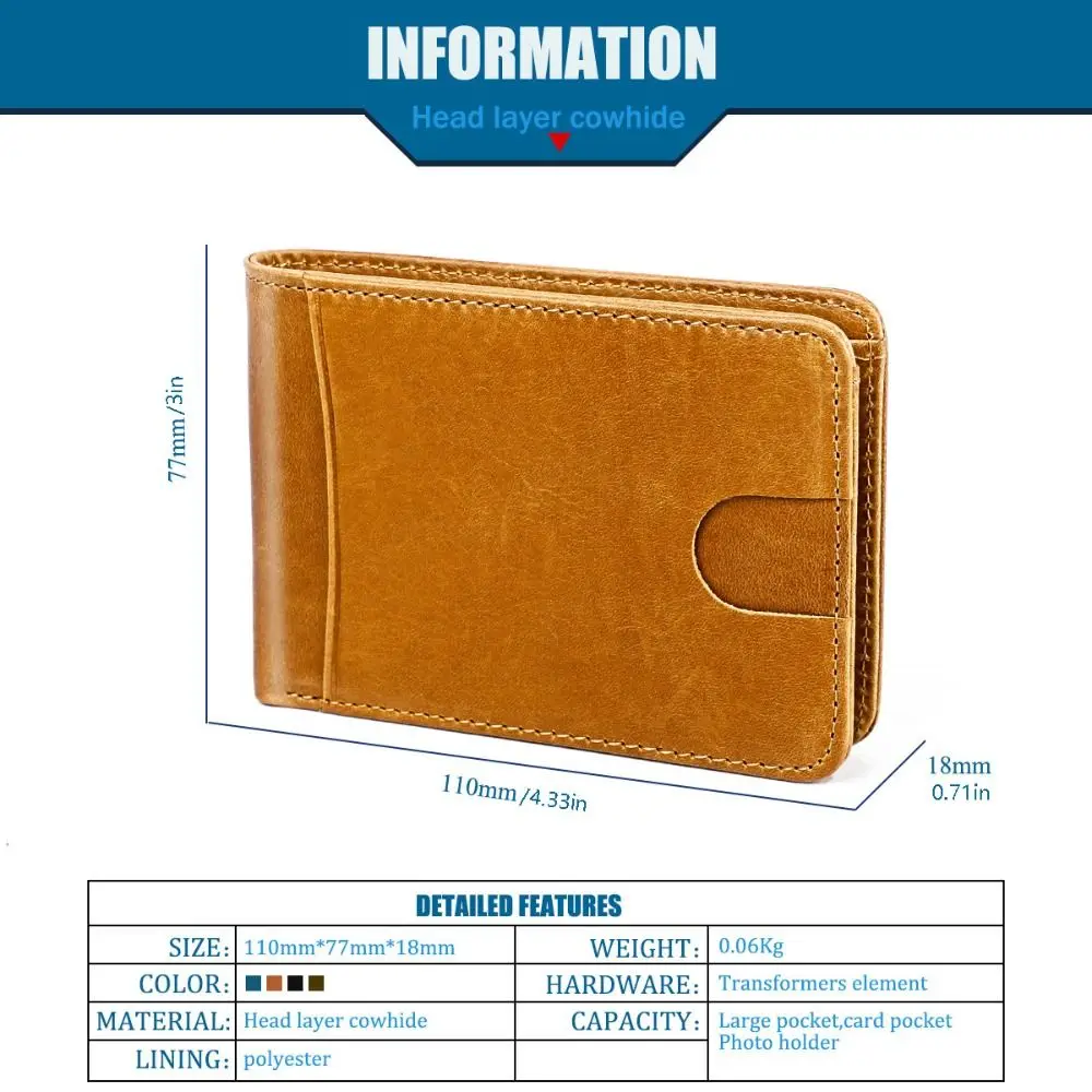 Minimalistyczny męski portfel ze skóry, wąski, 6 przegródek na karty, skóra bydlęca, klips na banknoty dla mężczyzn, okienko na dowód osobisty, niski profil.