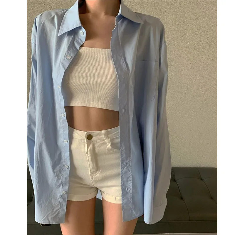 Spring Autumn New Blue Long Sleeve Loose Blouse Polo Neck Solid Simplicity Temperament Shirt Tops Casual Fashion Women Clothing