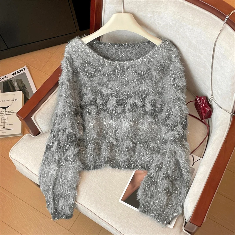 

Glitter Plush Sweater Pullover Women's Knitwear Autumn Winter 2025 New Style Soft Sticky Fragrant Style Long Sleeve Knitted Top