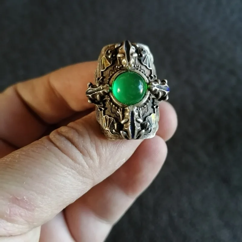 

Antique Old Silver Inlaid Bashan Jade Ring, High Ice Green Jade, Frog Design Adjustable Long Band
