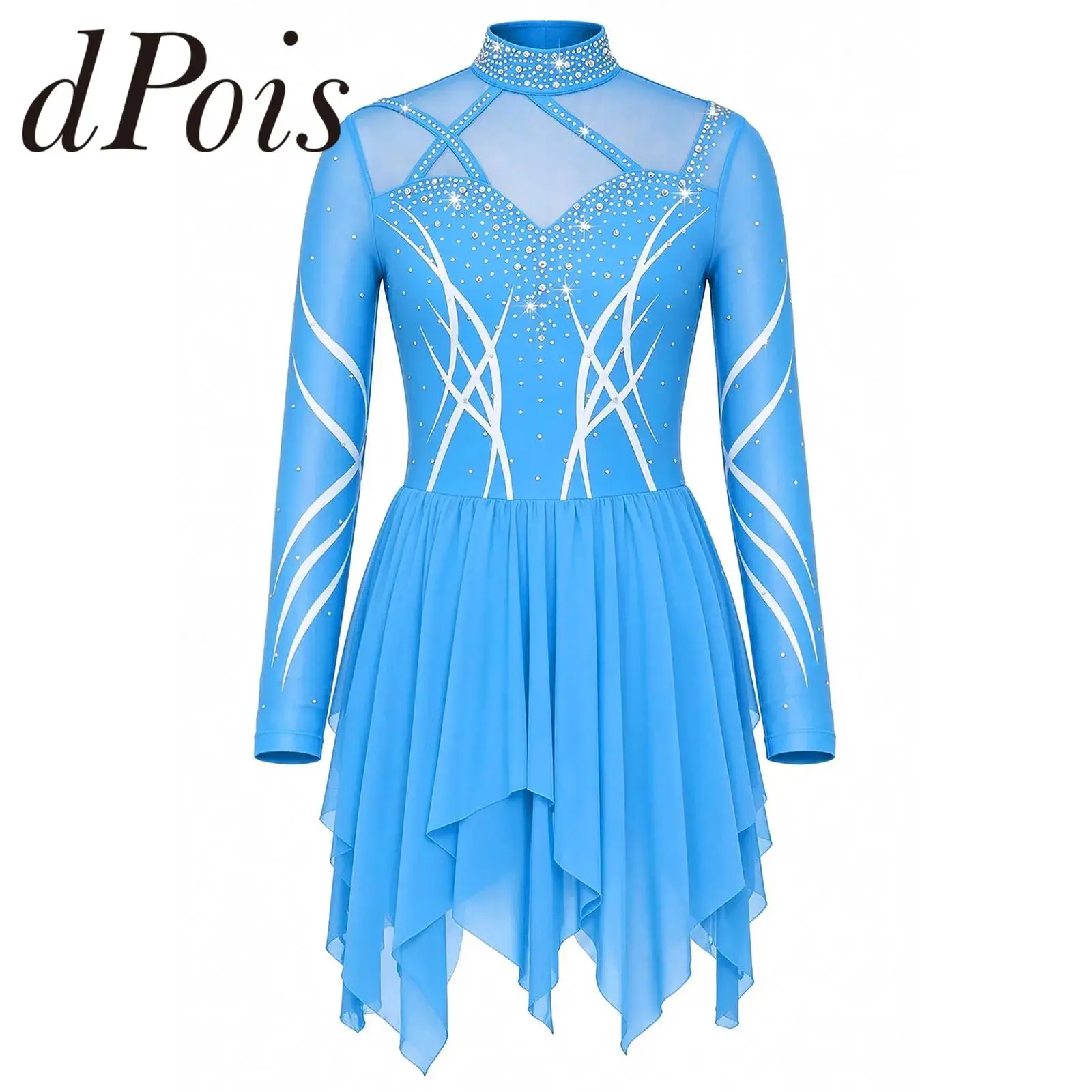Ballet Dress Teens Ballerina Outfit Kids Girls Asymmetrical Shiny Rhinestone Figure Skating Dress Rhythmic Gymnastics Leotard