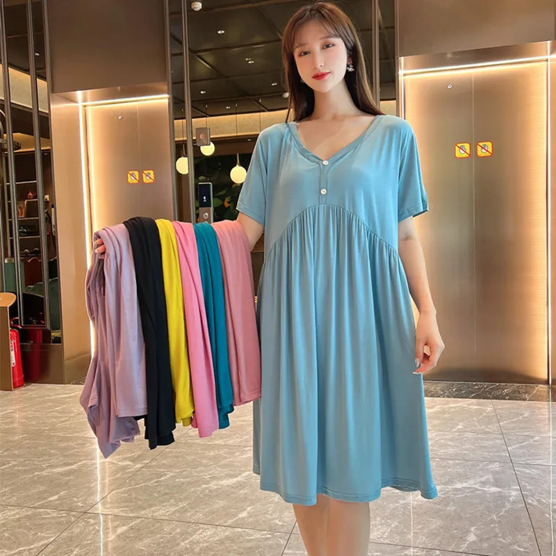 

Modal Short-Sleeved Button Dress Women's Loose Summer Nightgown Large Size V Neck Nightshirt Female Sleepwear Vestido Feminino