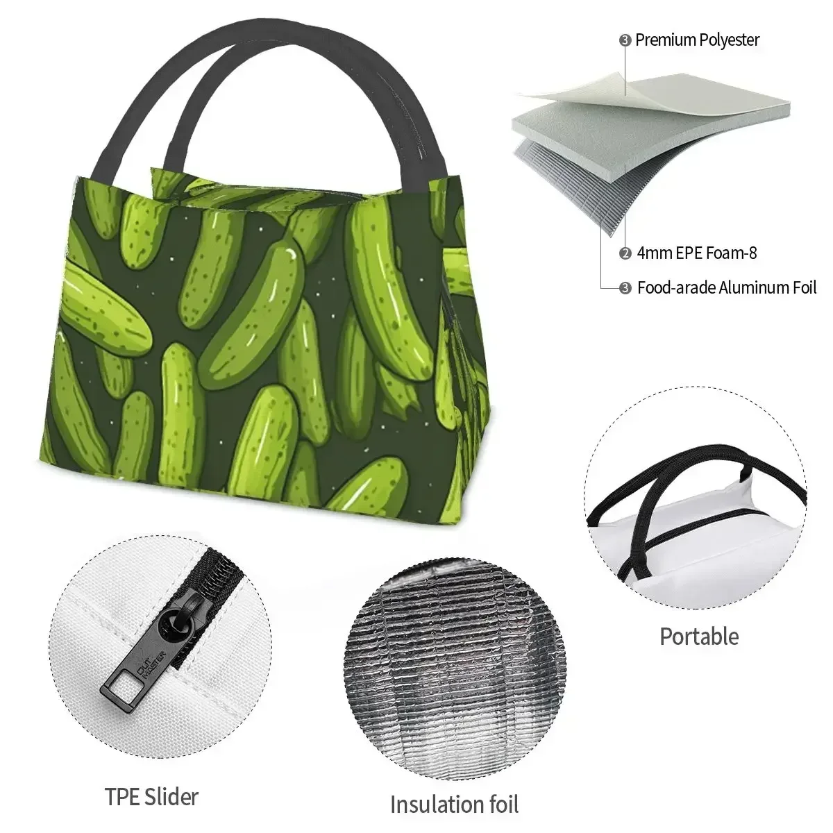 Gherkin Pattern Lunch Bags Insulated Bento Box Leakproof Lunch Tote Picnic Bags Cooler Thermal Bag for Woman Kids Work image 6