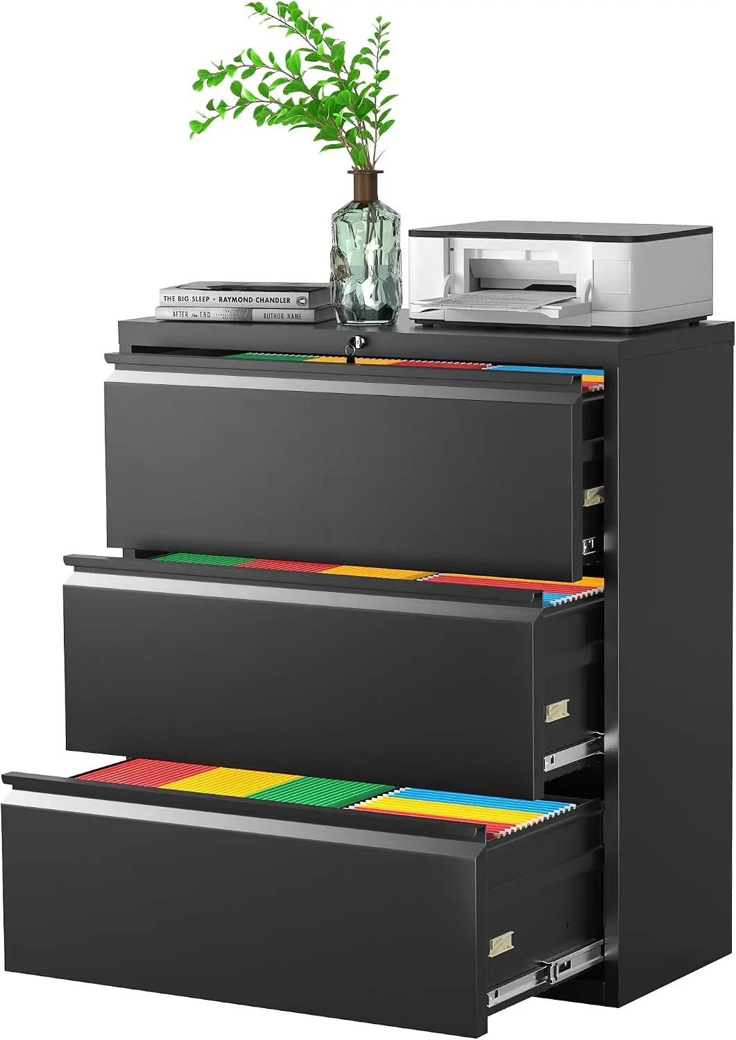 Metal Lateral File Cabinet with Lock, Steel Lateral Filing Cabinet 3 Drawer, Locking Office Home Wide Organization File Cabinet