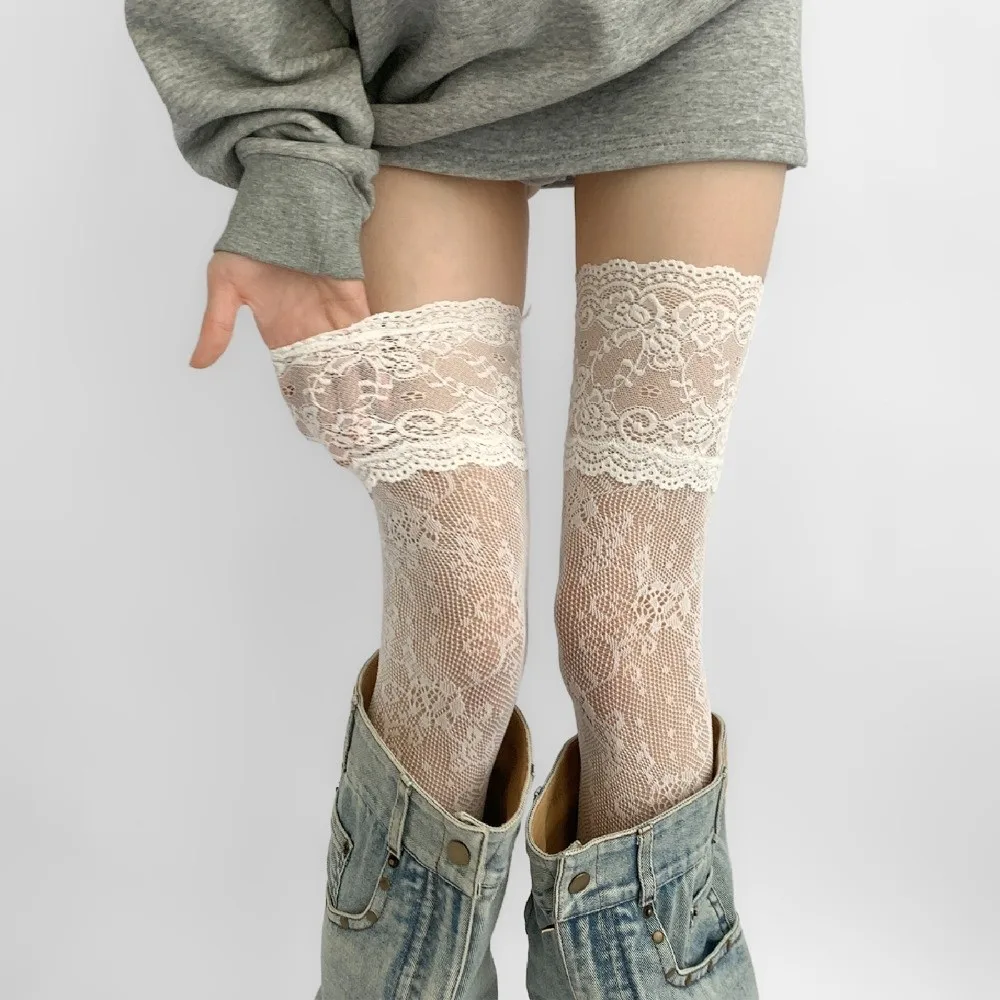 Personalized Floral Lace Trim Stockings Elastic Breathable Thigh High Long Socks Mesh Thin Fishnet Stockings Girl