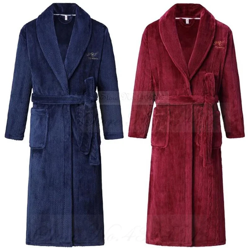 Flannel Long Robe Winter Couple Sleepwear Lounge Wear Warm Thick Coral Fleece Female Kimono Bathrobe Gown Loose Homewear 3XL 4XL