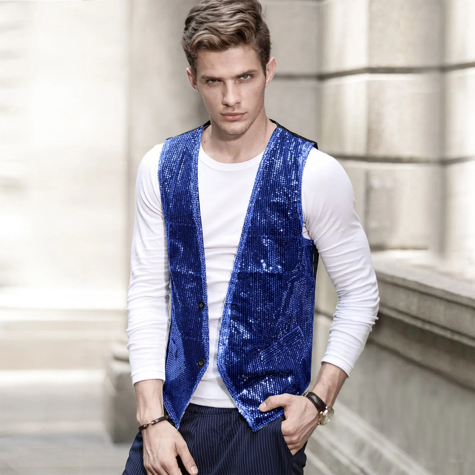 Male Shiny Sequin Blazer Vest Sparkling High Street Vest Waistcoat Streetwear Evening Wedding Men's Glitter Formal  Dress Vests