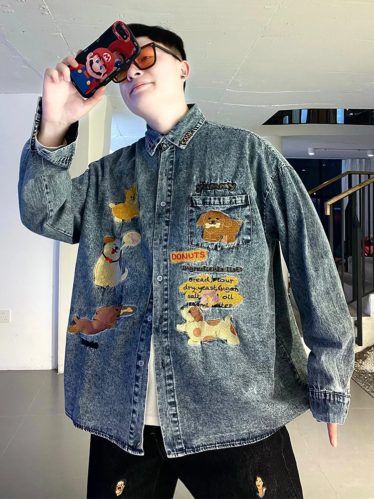 

Waed Denim Long Sve irt Embroidered Cartoon Dog Spring Autumn Loose Fit Youth Faion Cotton Jeans Jaet for Couples