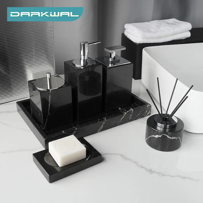 Czarny Nero Marquina naturalny marmur akcesoria łazienkowe luksusowy dozownik do mydła pudełko na chusteczki wazon zegar szczotka do wc zestaw łazienkowy