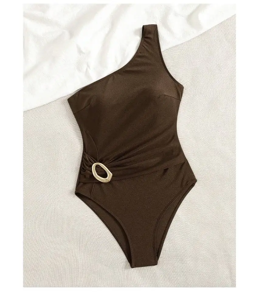 Cikini Brown Swimsuit Metal Jewelry One Shoulder Vacation Style One-Piece Summer Beach Swimwear Bathing Suit For Women