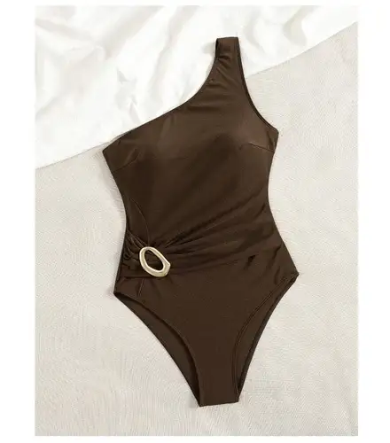 Imagen 2 del producto Cikini traje de baño marrón joyería de Metal un hombro estilo de vacaciones de una pieza traje de baño de playa de verano traje de baño para mujer