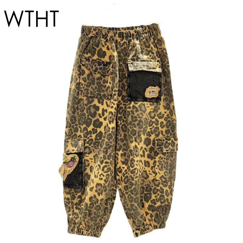 WTHT New Vintage Women's Leopard Print Patchwork High Waisted Jeans Fashion 2025 Summer Loose Casuals Denim Pants Female 1LS1498