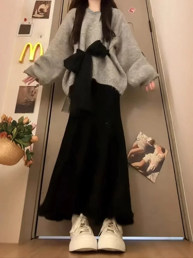 

Gray Sweater Black Skirt Set Winter Fashion Korean Style Warm Cozy Knot High Waist Two-Piece Outfit for Women