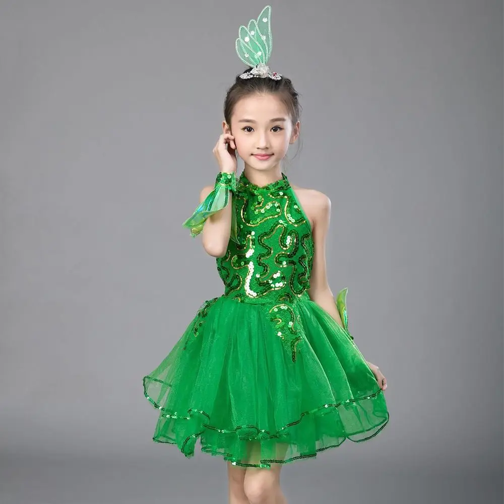 

Green Sequin Children Ballet Dance Dress with Headwear Wristband Romantic Princess Dress Dance Suit Modern Dance Stage Dancewear