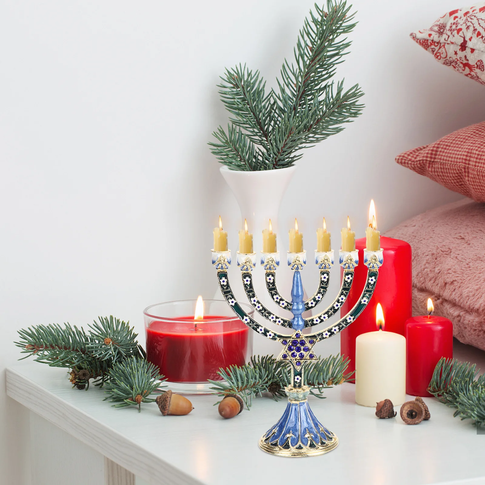 

7 Branches Hanukkah Holder Vintage Metal Candlestick Religious Table Centerpiece Retro Desktop Ornament Jewish