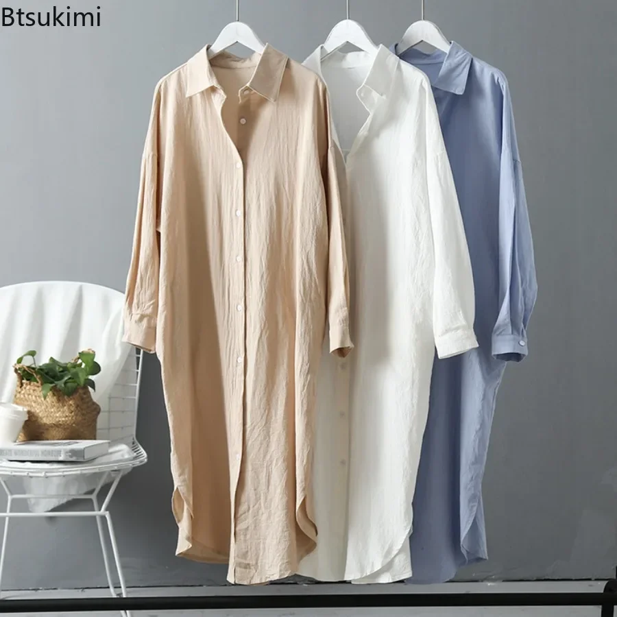 

2024 Women's Mid-length Shirts Fashion Casual Simple Designer Shirt Tops Comfy Cotton Linen Sun Protection Robe Cardigan Females