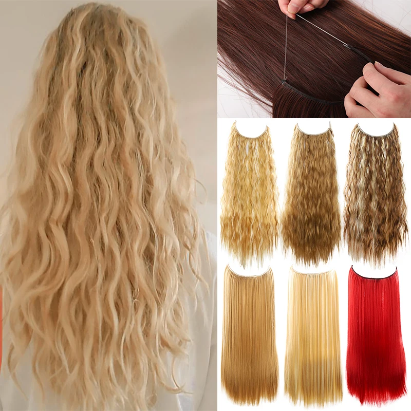 Difei-Synthetic No Clip Natural Hair Extensions for Women, Feminino Long Wavy Hairpiece, Halo Artificial Extensions