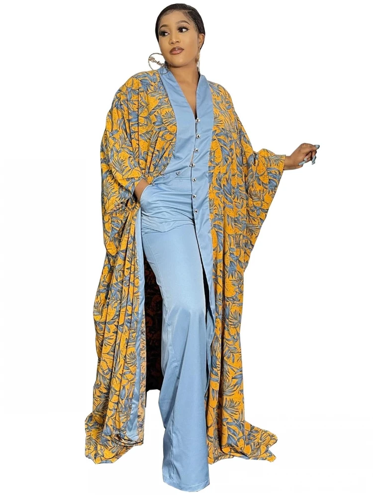 2 Piece Set Dashiki African Women Cardigan Long Trench Tops And Pant Suit Casual Clothes Boho Sexy Two Piece Outfits 2022