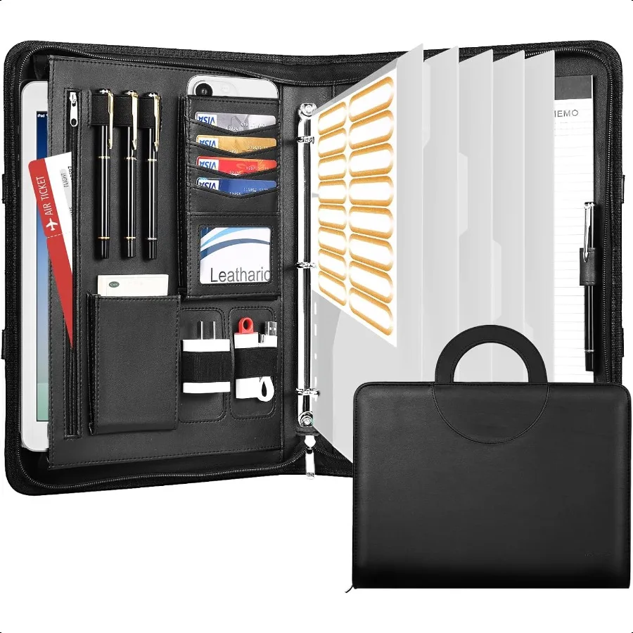 

3Ring Portfolio Binder Includes 5 Folder Index Dividers 13 Inch Tablets Organizer with Handle Vegan Leather A4 Padfolio MultiPo