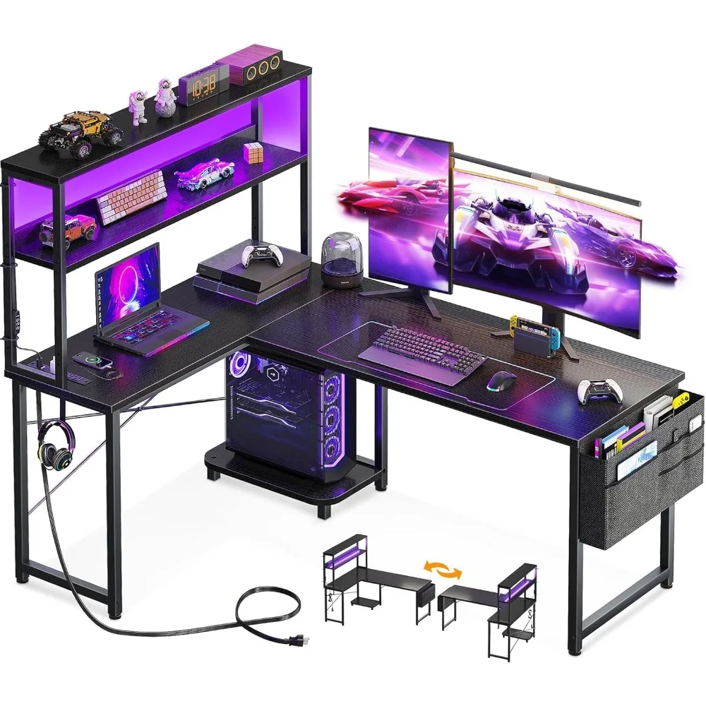 L Shaped Desk Gaming Desk with LED Light & Power Outlet, 53 Inch Reversible L Shaped Computer Table with Shelf & Storage Bag