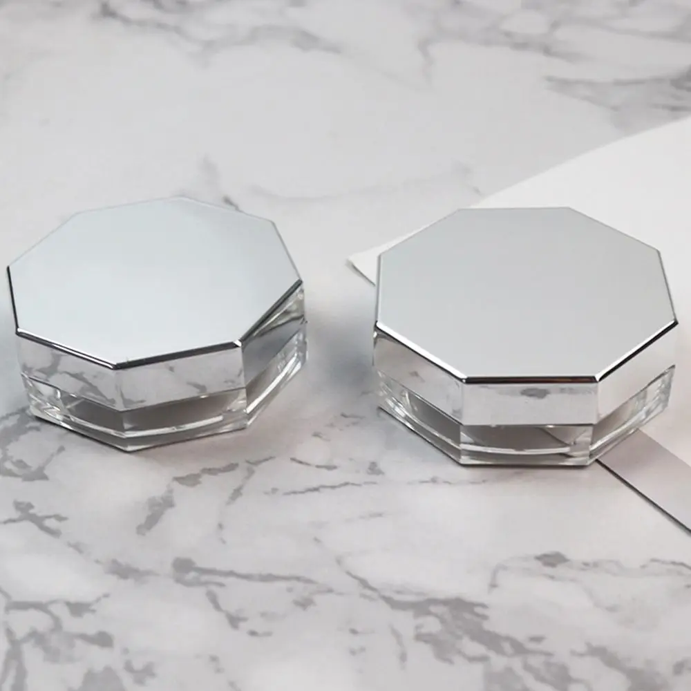 Portable Plastic Loose Powder Container Silver Octagonal Loose Powder Jar with Puff Reusable Cosmetic Container Makeup Tool