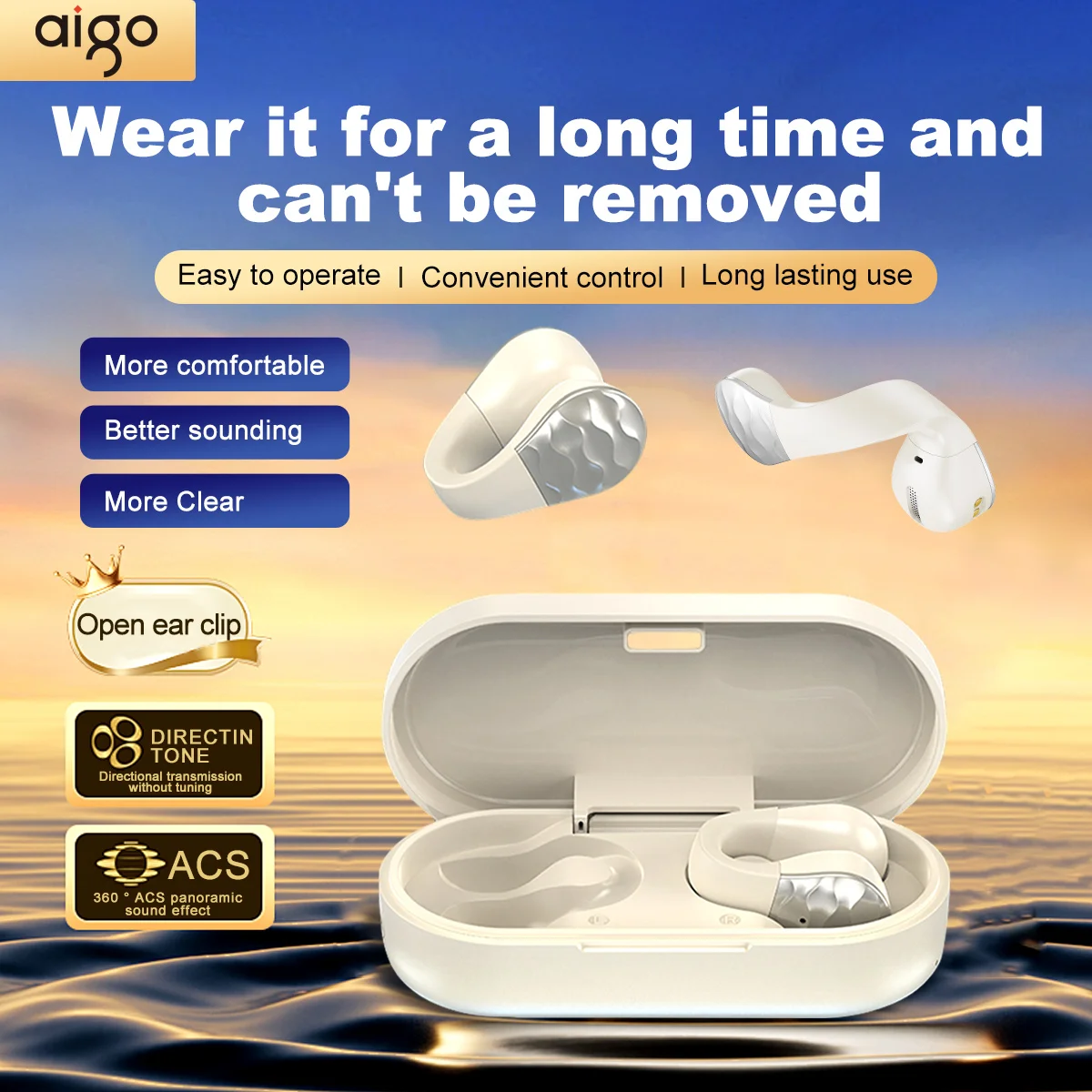 

aigo SA03 Open-Ear Headphones, ENC Dual Mic Noise Cancelling, Lightweight Ear Clip, Stylish for Sports/Daily Use