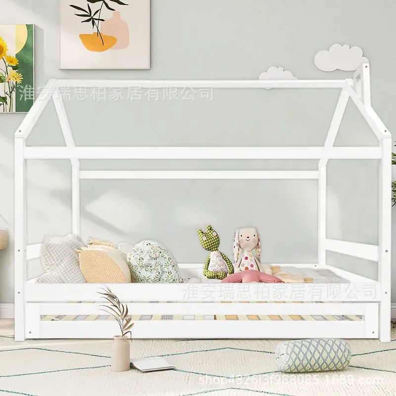 Full Solid Wood Bed for Girls and Boys Princess Style with Trailer Guardrail Tree House Design Household Furniture