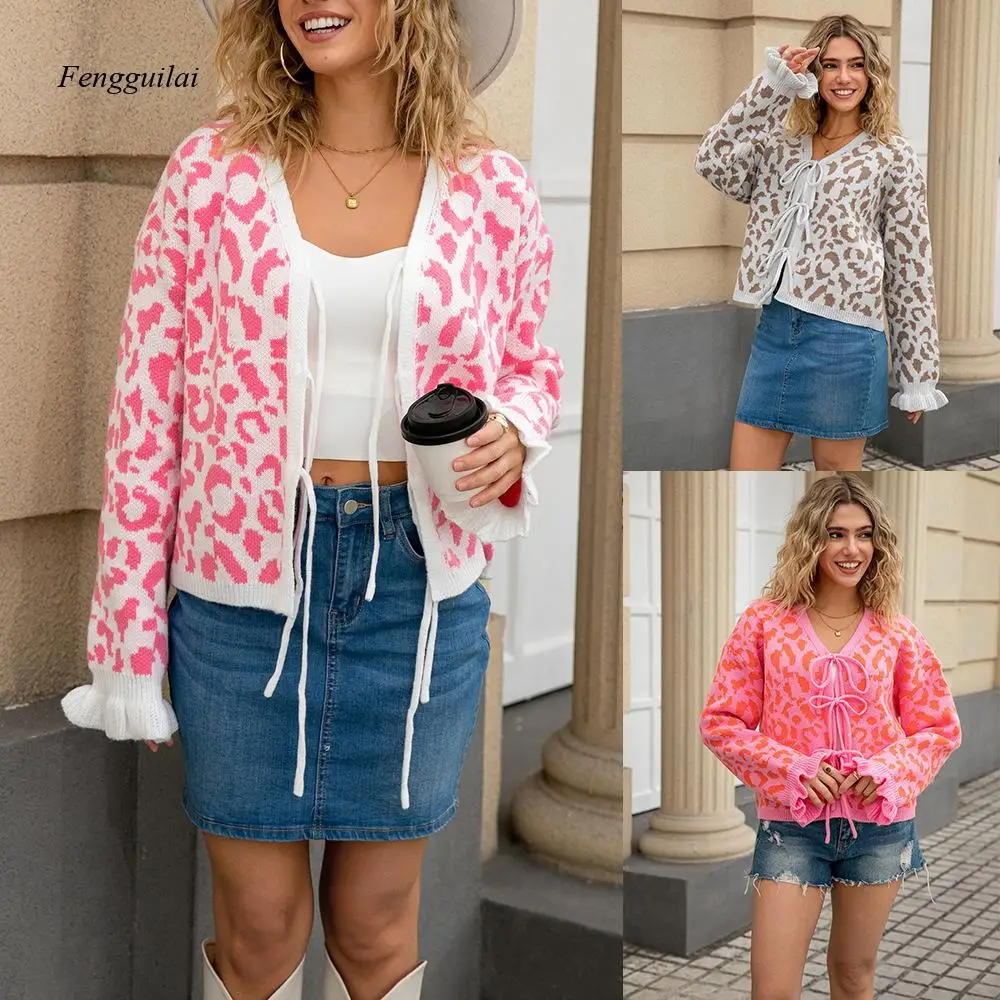 

2025 Winter New Women's Leopard Jacquard Strap Cardigan Personalized Knitted Short Sweater Coat for Women