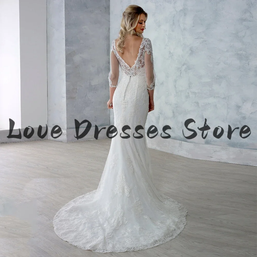 Charming Wedding Dress Customized Illusion Sccop Neck 3/4 Sleeve Appliques Mermaid Bridal Gowns Sweep Train Backless Bridal