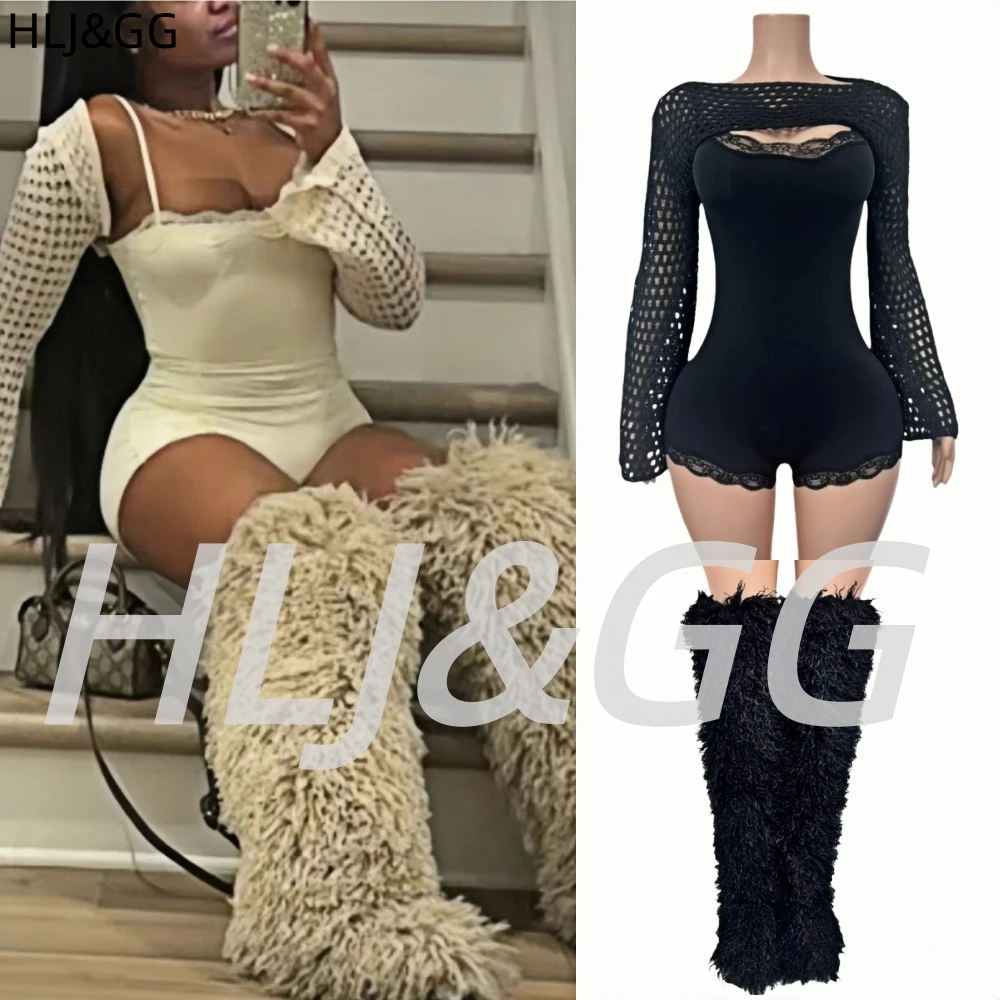 

HLJ &GG модные вязаные полые комплекты из двух предметов, женский топ с длинными рукавами и бретельками, облегающие комбинезоны, сексуальная уличная одежда