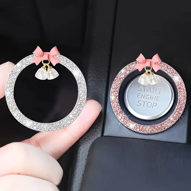 Car one-click start decorative sticker car fashion diamond bow crystal bell pendant ignition ring lady