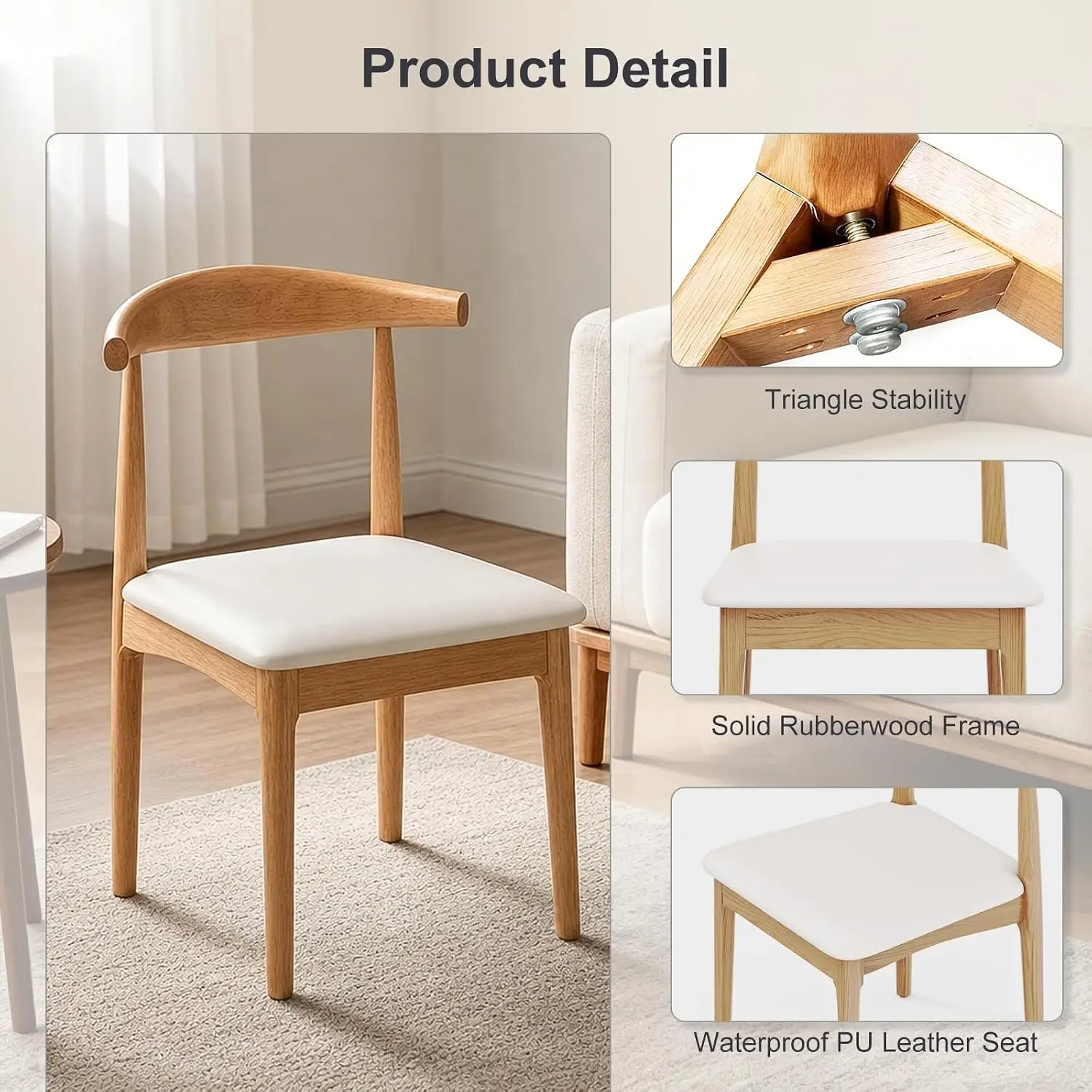 Solid Wood Dining Chairs Set of 4, Mid Century Modern Kitchen Chairs with Leather Upholstered Seat, Elegant Natural, Custom view 4