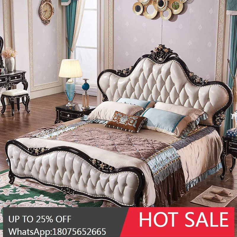 HLZ European Style Solid Wood Bed 1.8M Small Apartment Master  Double Bed New Classical American Light Luxury Leather Bed