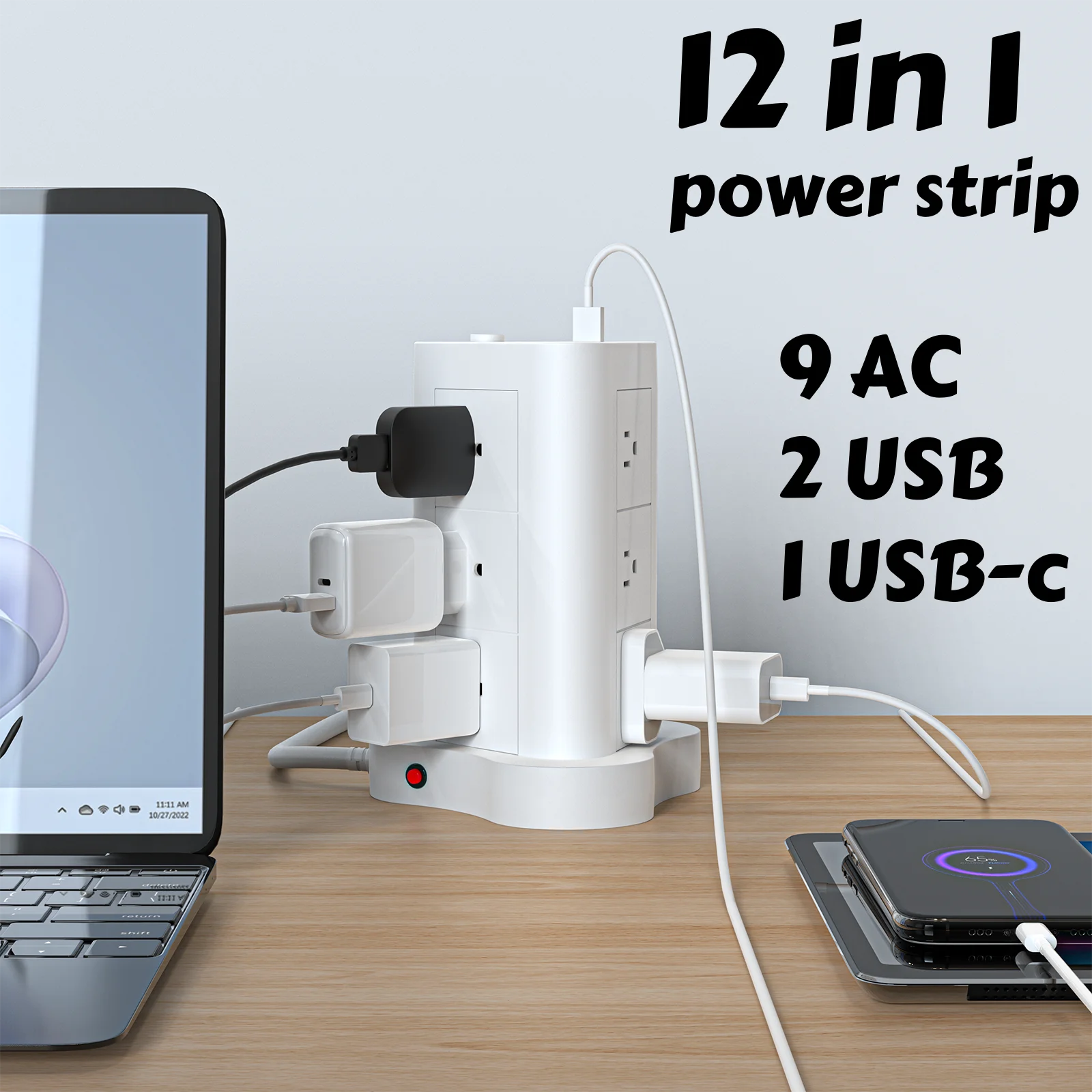 5ft مسطحة على شكل برج 45 ° قم بتوصيل بمنفذ USB/USB-C، وشريط طاقة مكون من 12 مقبس تيار متردد، وشريط طاقة للحماية من زيادة التيار مع 2 USB و1 US #1