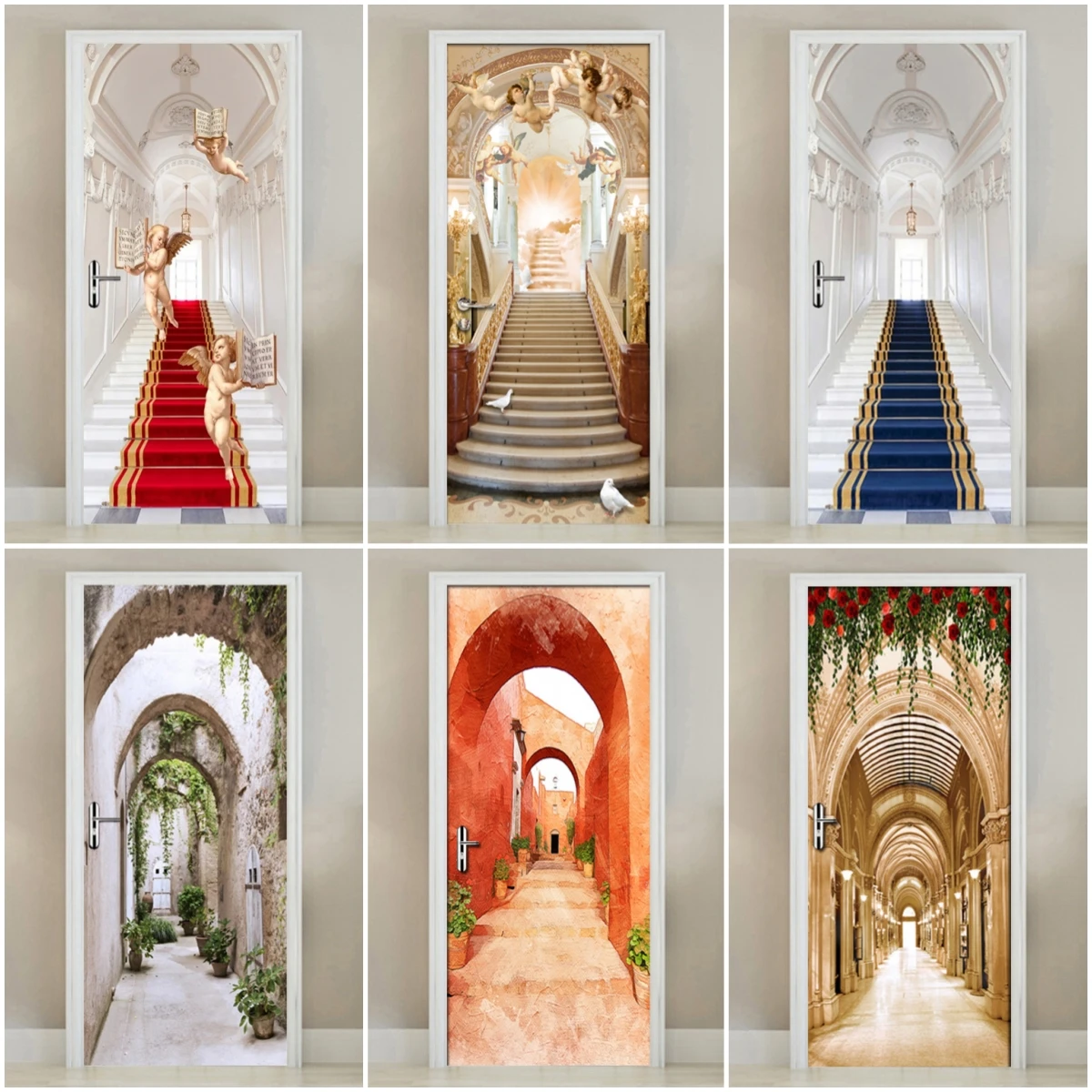 1/2pc Elegant Door Sticker, Spiral Staircase Door Mural, Classic Removable Door Wall Mural, Luxury Door Sticker for Home Decor