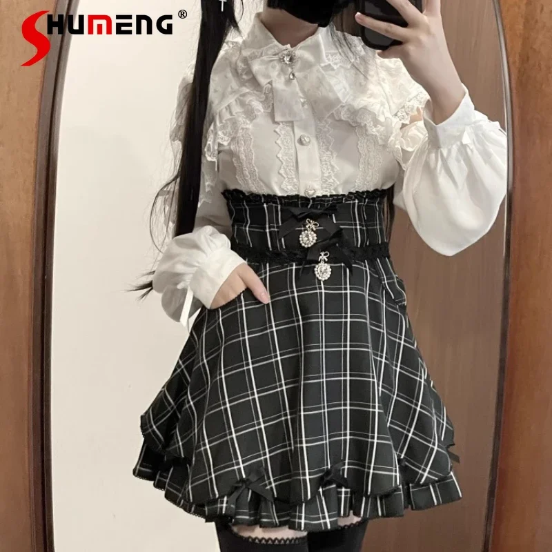 

Japanese Rojita Style Black Mini Skirts Mine Series Mass Production Original High Waist Sweet Rhinestone Bow Pocket Petal Skirt