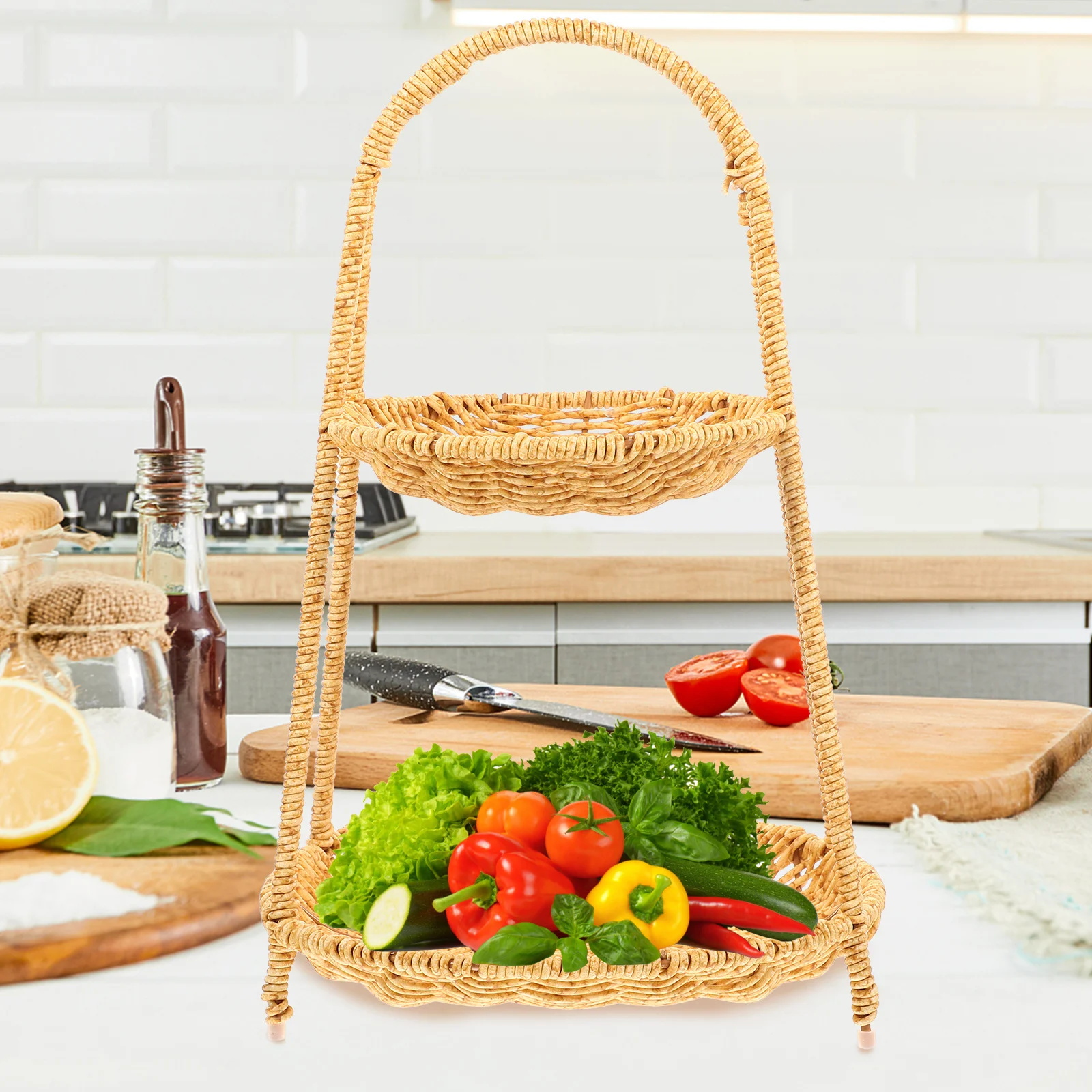 

Multi-Layer Woven Basket Pastoral Style Food Storage Fruit Vegetable Snacks Basket Kitchen Serving Display Gold Cupcake Stand