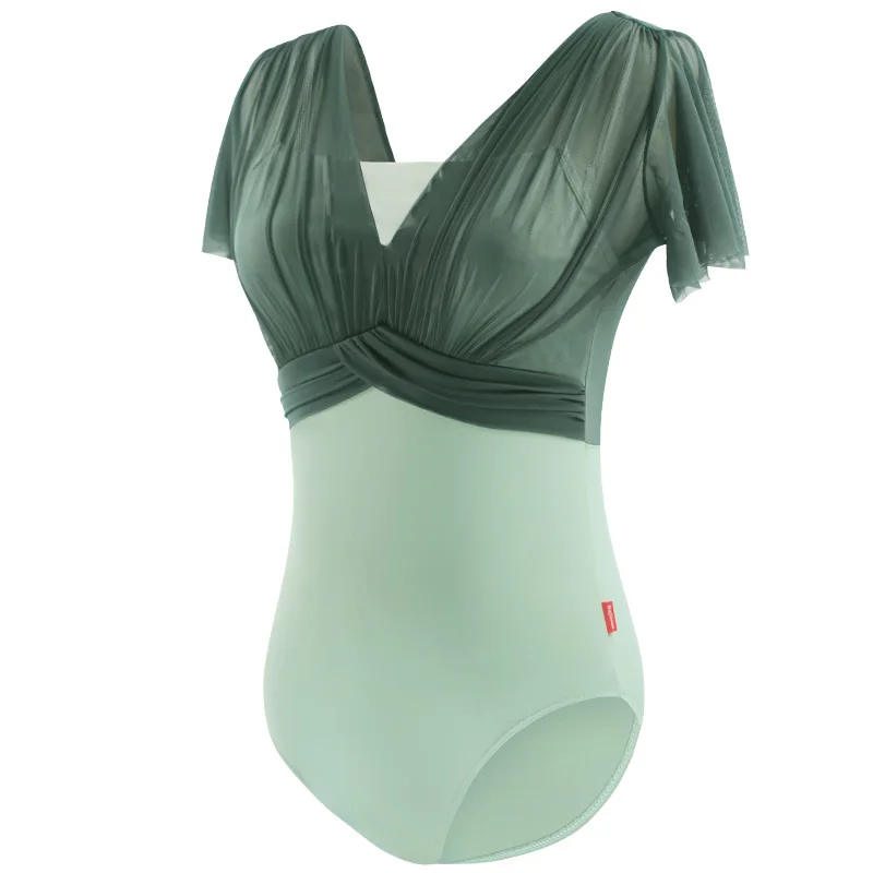 Body da ballo per donna body da ballo pieghe a maniche corte in Nylon impiombato body da balletto body per ginnastica in due pezzi finti per adulti