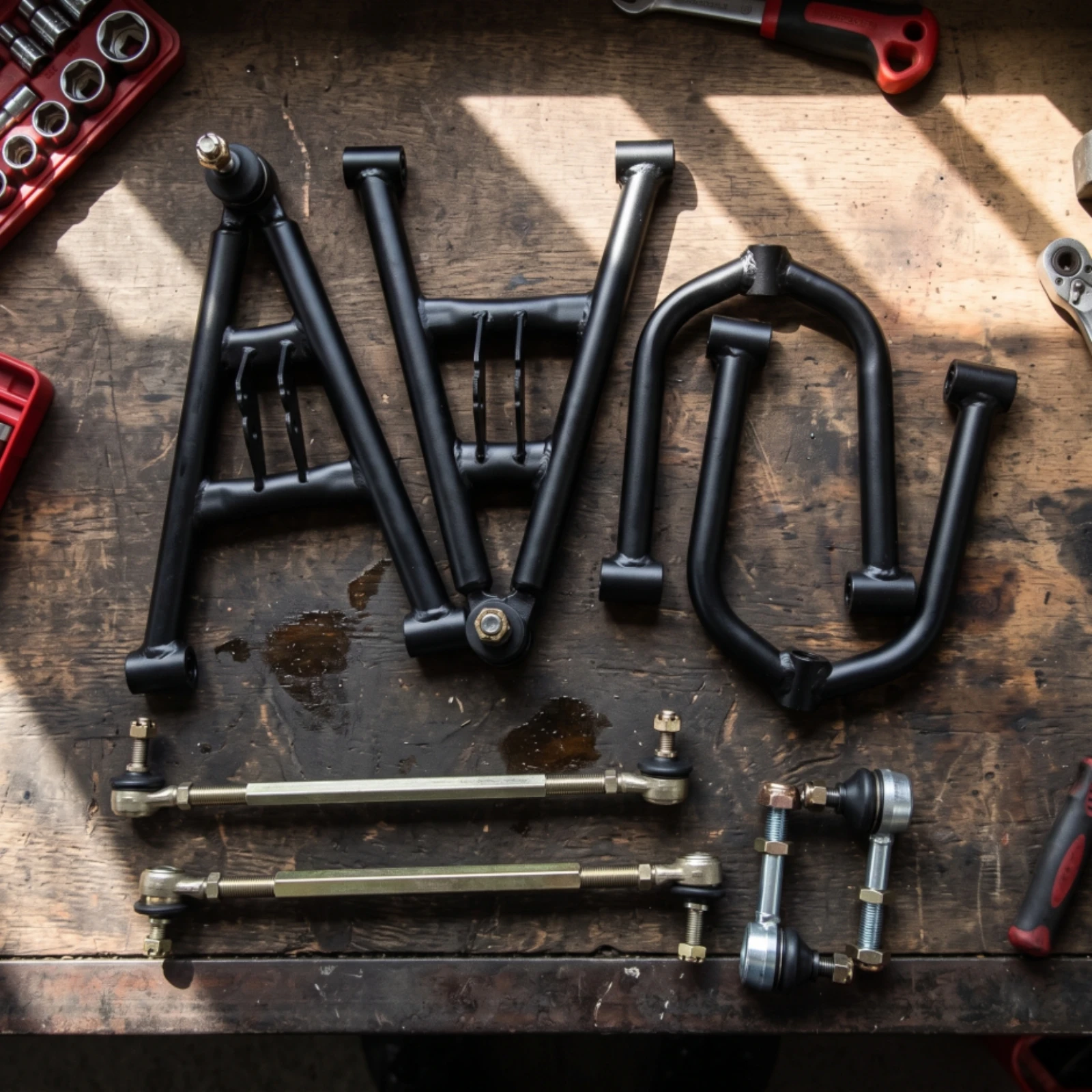 A-Arm Assembly Black Front Chassis System Kit Tie Rod Direct Fit Auto Parts Oem Design for DIY Builders, Go-Kart Building