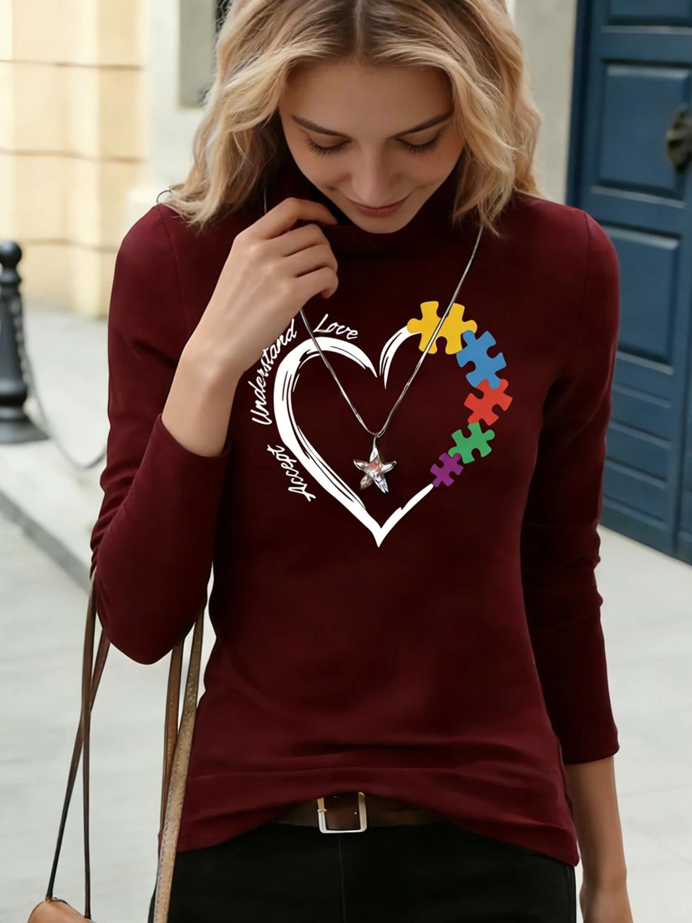 Damen-Oberteil mit Stehkragen und langen Ärmeln, rotes Herz, „I Love You“-Aufdruck, lässige Bluse, Basic-T-Shirt für den Alltag, weiche Oberteile für Frühling und Herbst