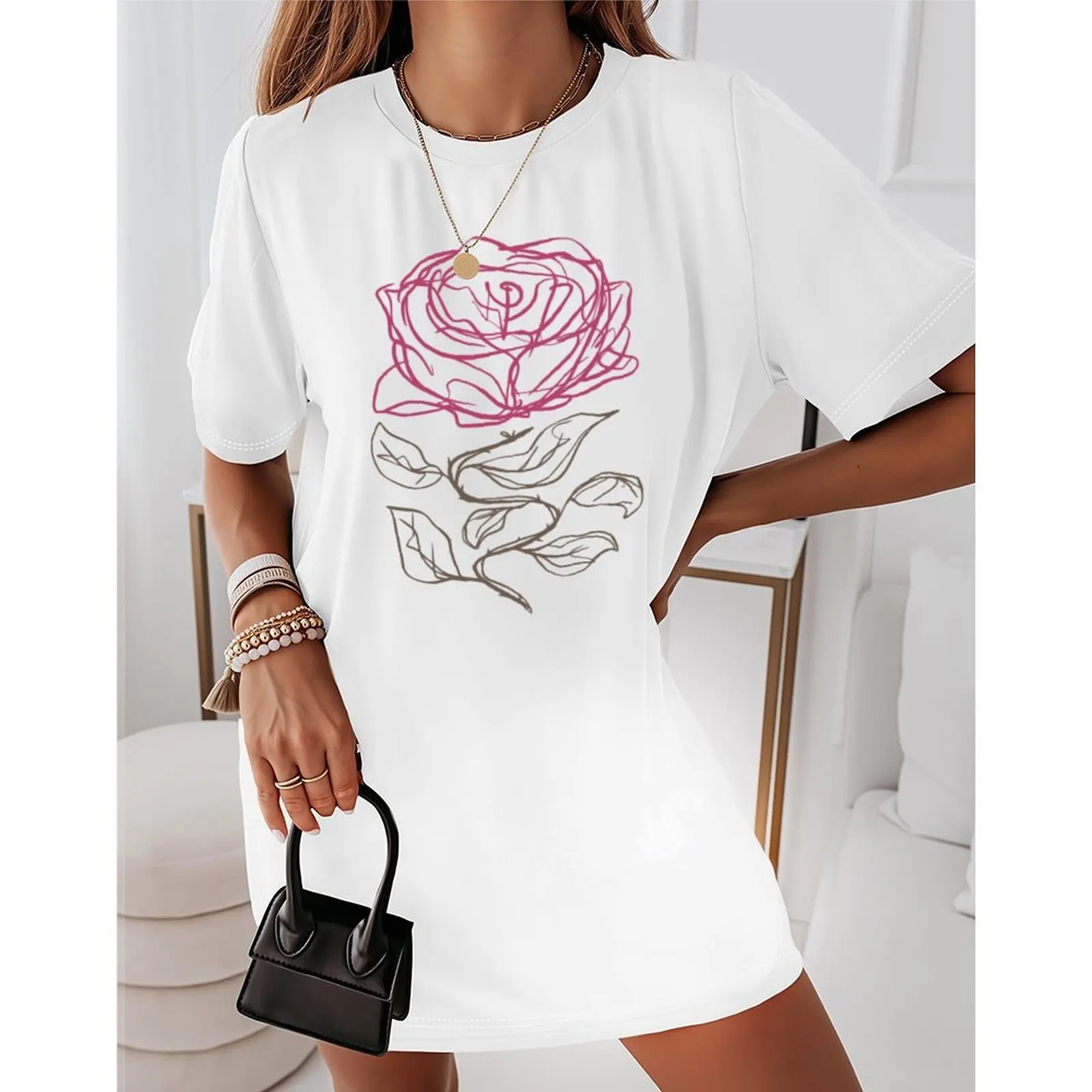 

2025 T Shirts Woman Elegant Print T-shirt Oversized Short Sleeve O Neck Casual Top For Summer Spring Fashion Women's Clothing