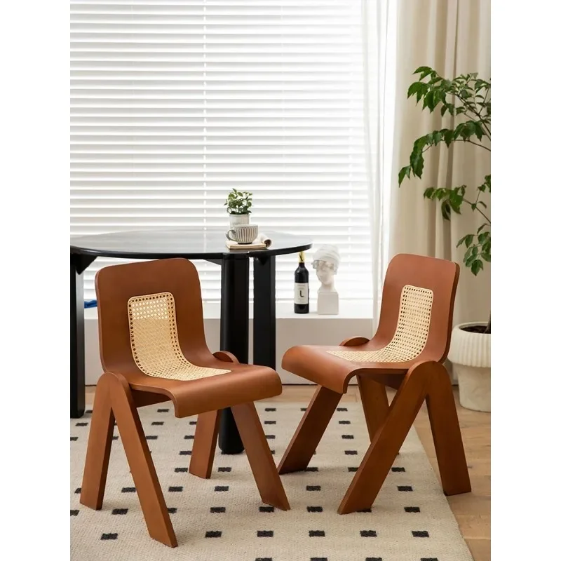 French solid wood dining chair, rattan family chair wabi-sabi