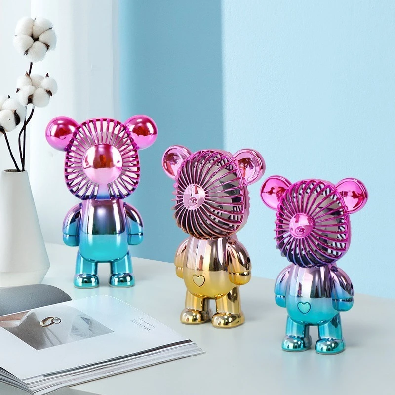 2025 popular cartoon mini violent bear small fan holding a three-speed USB portable rechargeable gradient bear fan