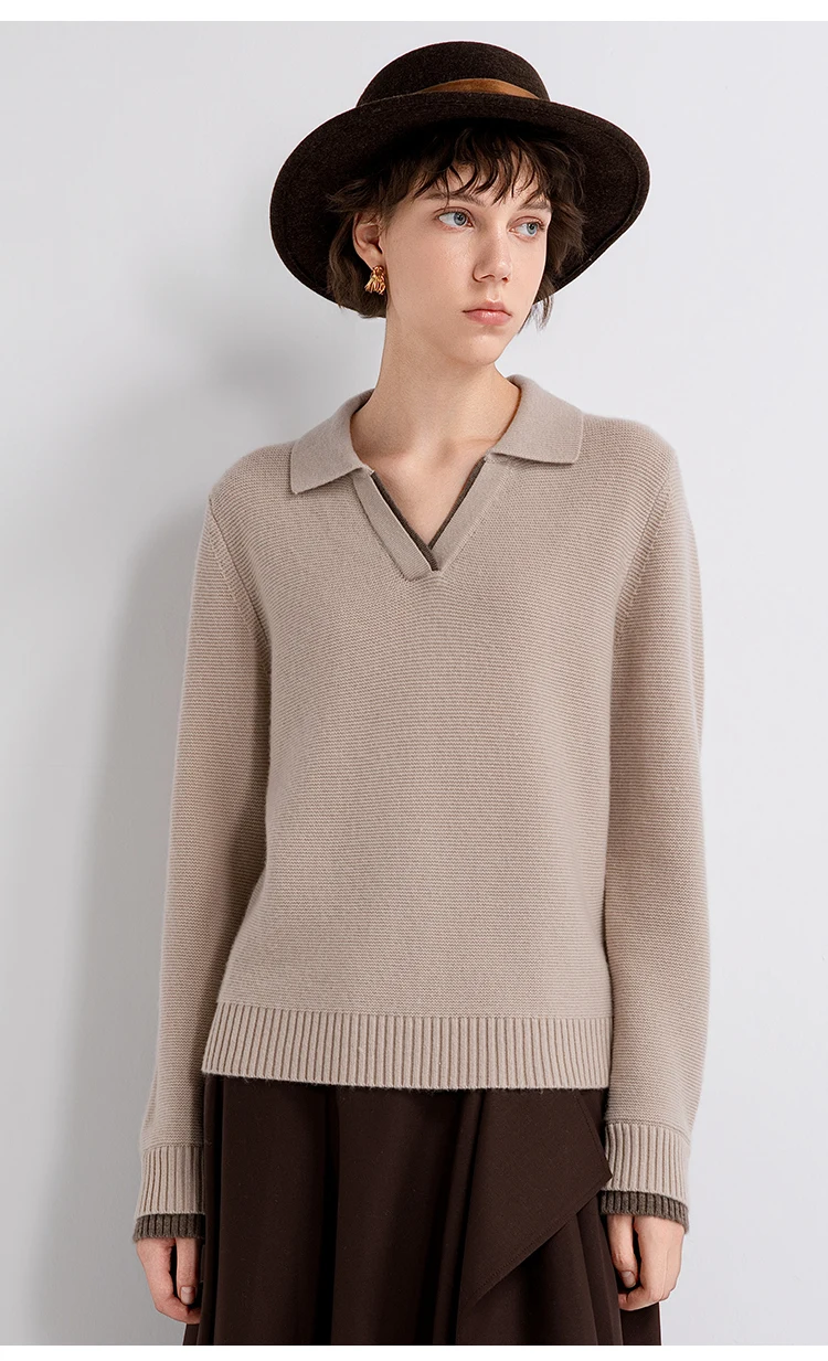 TX862182 Damen-Pullover mit Polokragen und offenem V-Ausschnitt aus Wolle-Kaschmir-Mischung, entspannte Passform, dezenter Luxus für den frühen Herbst. – Detail 11