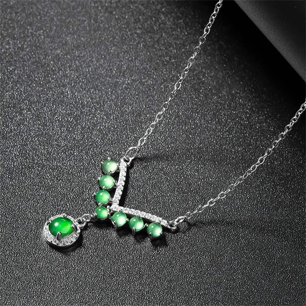 925 Silver Natural Green Jadeite Beads Drop Dangle Chain Lucky Pendant Amulet Necklace Certificate Luxury Jade Vintage Jewelry