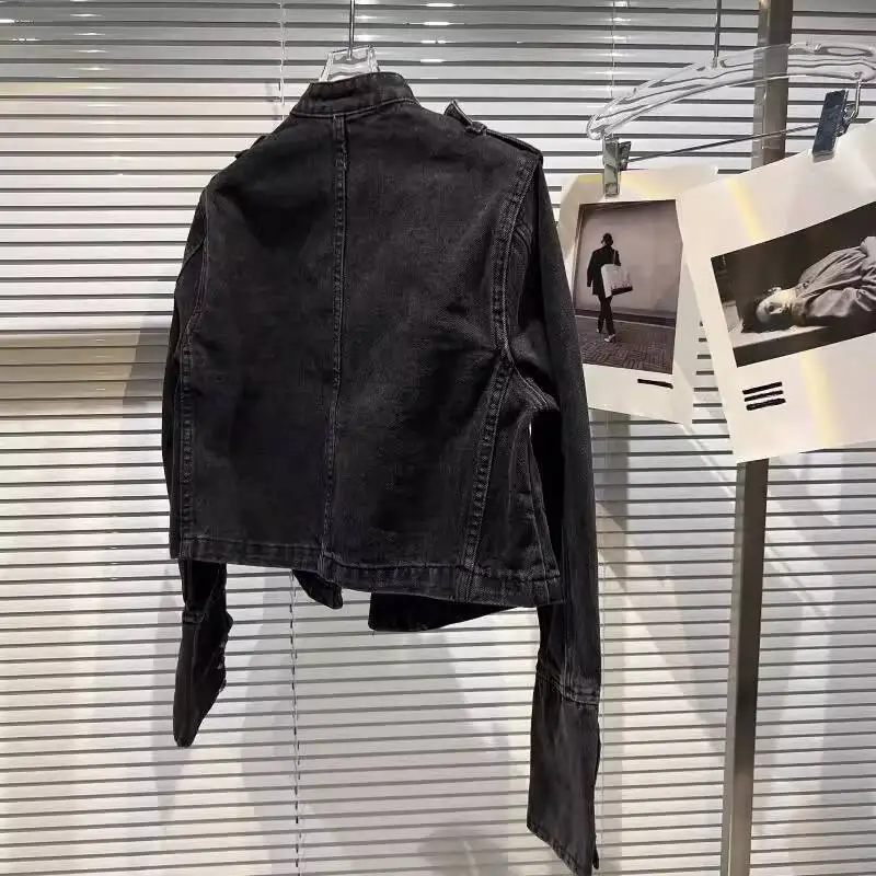 2026 Autumn New Fashion Metal Buckle Design Shoulder Strap Denim Short Jacket For Women High Street Coat Female view 6