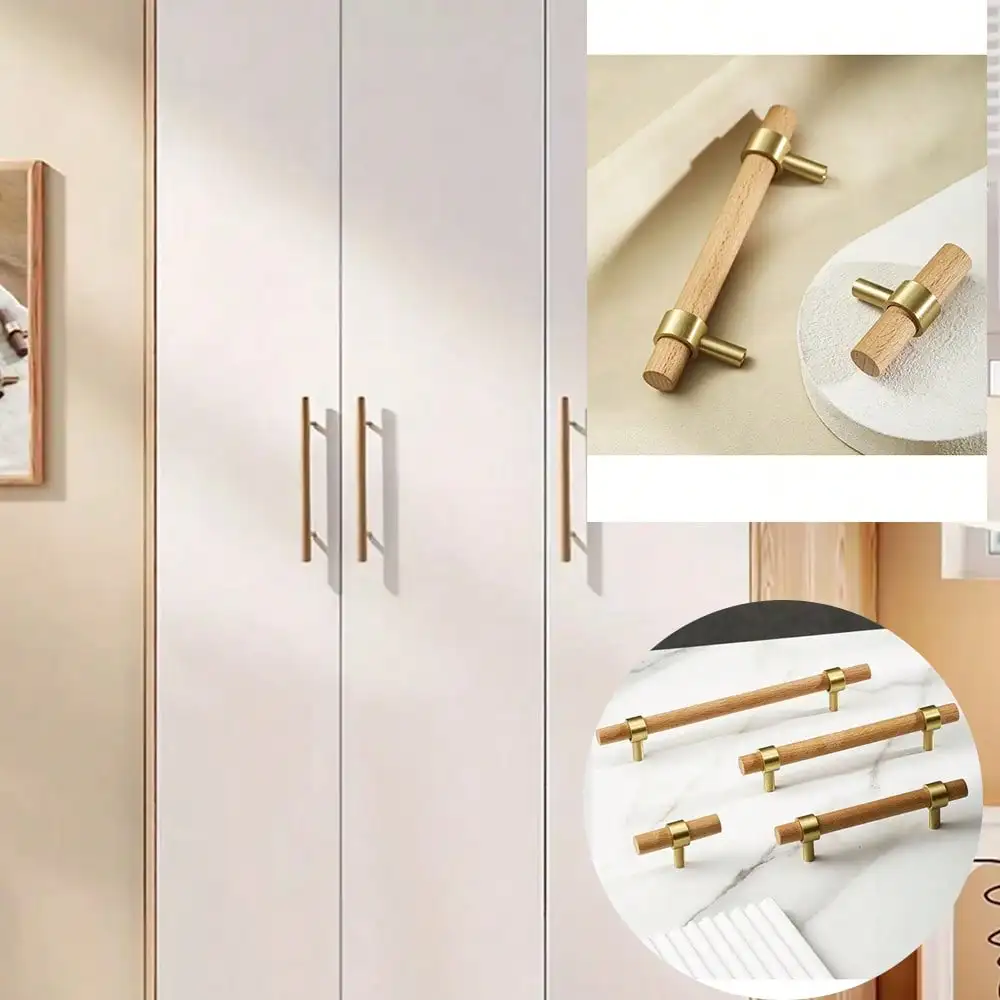 1 Piece Beech Wood Handle, Beech Wood + Brass Material, Modern Minimalist Cabinet Furniture Drawer Handle
